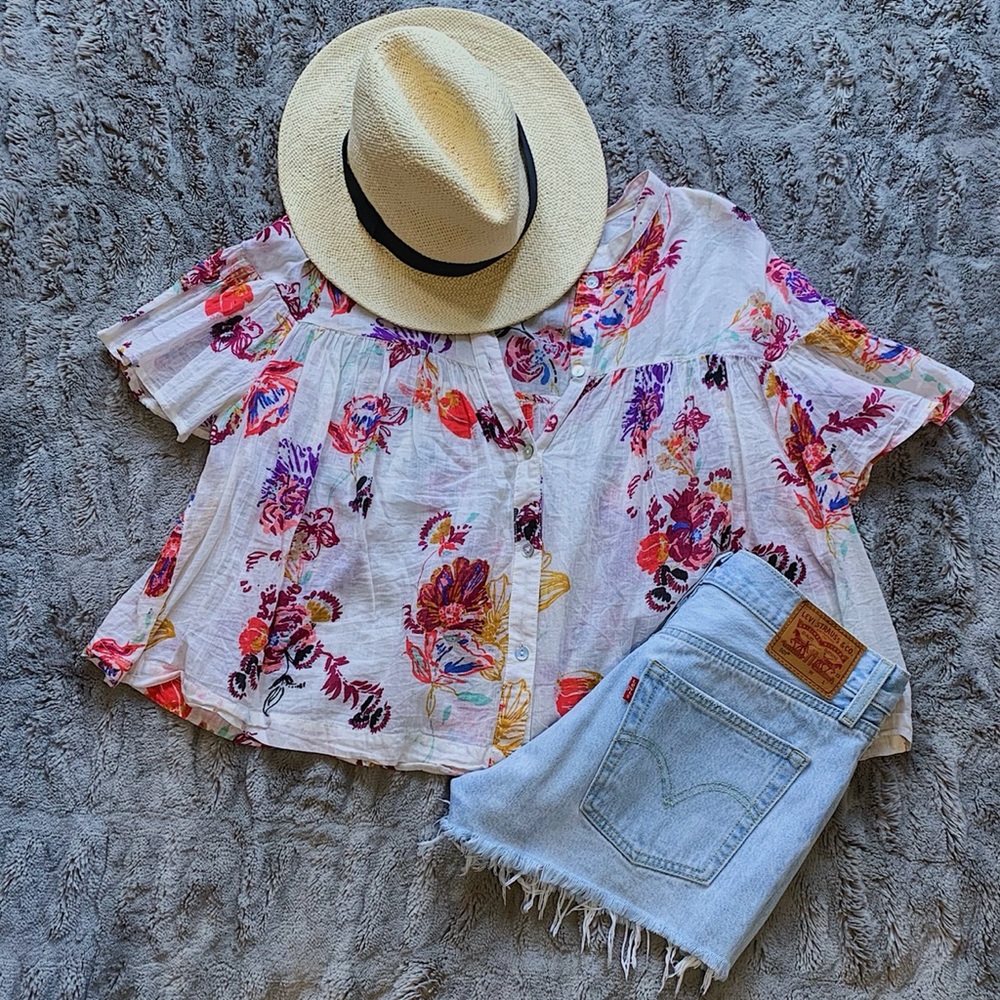 Free People Linen Floral Top
